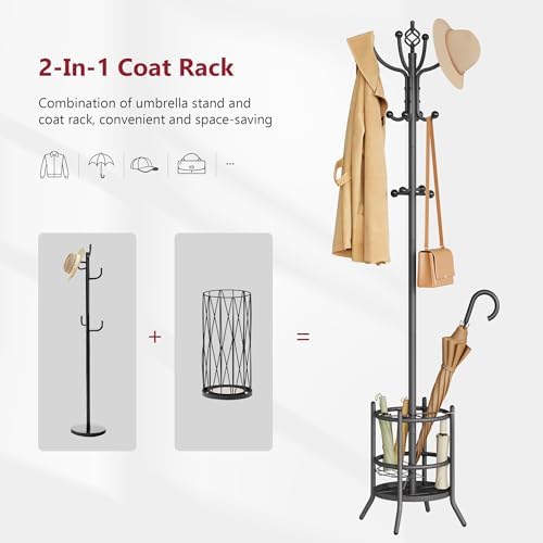 Tajsoon Coat Tree with Umbrella Stand, Coat Rack With 16 Hooks, Grey - Image 3