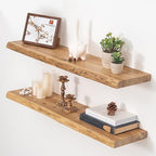 Floating Shelves for Wall, 36"x9.3" Rustic Solid Live-Edge Elm Wood Wall Shelves, Heavy-Duty Floating Shelves with Invisible Brackets, Set of 2 for Living Room, Bedroom, and Kitchen, Natural Finish by FunMemories