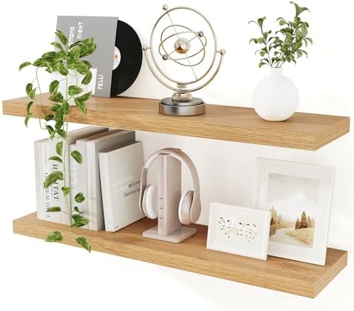 36 in Floating Shelves for Wall, Oak Long Wall Shelves Set of 2 by Feihorrm