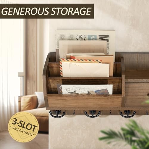 Rebee Vision Key Holder Wall Mount with Drawer Organizer for Entryway,Brown - Image 2