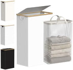 efluky Slim Laundry Basket with Lid, Narrow Laundry Hamper with Removable Bag, Skinny Dirty Clothes Basket with Bamboo Handles for Bathroom, Bedroom & Laundry Room, 75L White by efluky
