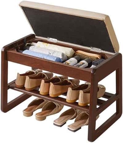 Aibiju Shoe Rack Bench with Cushion, 2 Tiers Wood Shoe Bench with Flip-Top Storage, 23.62in Shoe Rack for Entryway, Hallway, Walnut Color YD-WD060B by Aibijusolidwoodfurniture