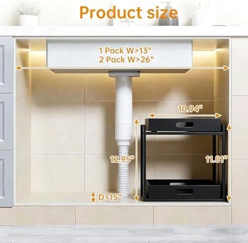 Bamboo Undersink Organizer Storage - 2-Tier Pull Out Kitchen Cabinet Shelf with Adjustable Levels, Under Sink Storage Slide Out for Cabinet Pantry Bathroom Black - Image 2