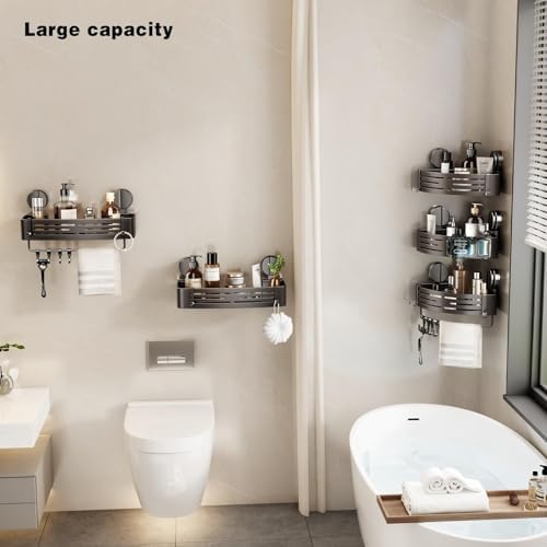 VOLPONE Shower Caddy Suction Shower Shelf No Drilling Shower Organizer Suction Cup Shower Storage Rack Aluminum Wall Mounted Shampoo Holder with Towel Bar Hooks (3-Pack, Matte Gray) - Image 3