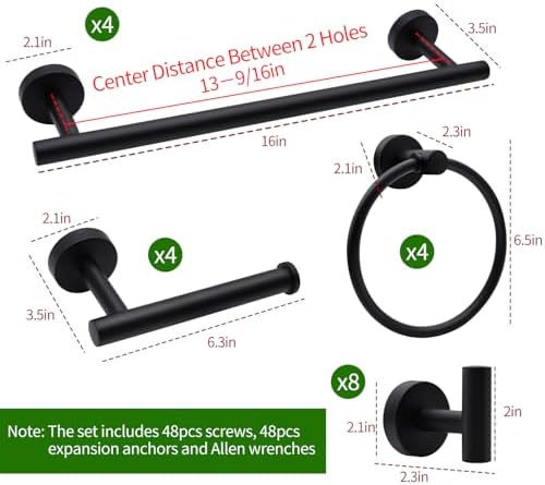 20pcs Bathroom Hardware Set, Matte Black Bathroom Hardware Set, Including 16" Hand Towel Bars, Toilet Paper Holders, Towel Rings, Robe Towel Hooks - Image 6