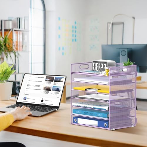 7 Tier Paper Organizer for Desk with Mesh Letter Trays and Handle Purple - Image 7