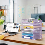 7 Tier Paper Organizer for Desk with Mesh Letter Trays and Handle Purple - Image 7