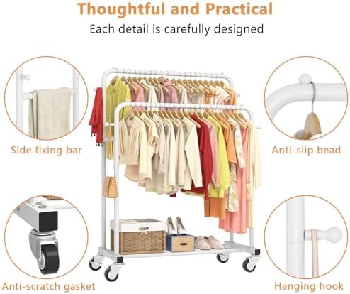 Laiensia Double Rods Garment Rack with Wheels, Clothing Rack for Hanging Clothes,4 Hooks, Multi-functional Bedroom Clothes Rack, White - Image 5