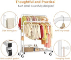 Laiensia Double Rods Garment Rack with Wheels, Clothing Rack for Hanging Clothes,4 Hooks, Multi-functional Bedroom Clothes Rack, White - Image 5