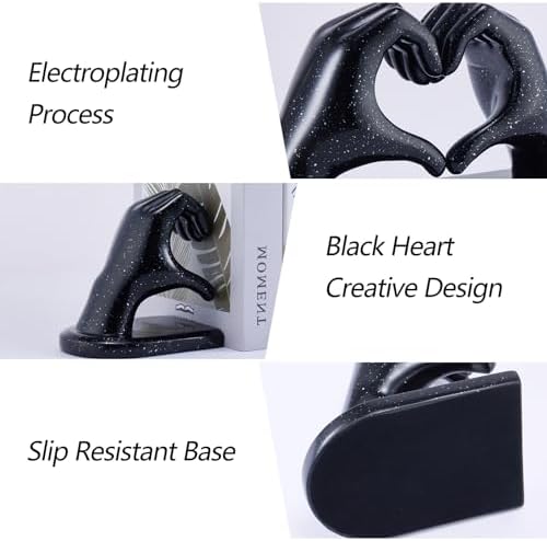 Black Bookends, Heavy Duty Bookend Holder Decor, Finger Heart Shaped, Modern Art Sculpture, Bookends Decorative, Boho Decor for Desktop Bedroom Study Room(Black) - Image 3