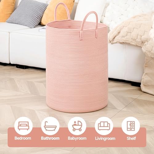CLHMILY&Z Laundry Hamper Round Storage Rope Basket in Living Room, Bedroom, Laundry Room for Toy, Clothes, Blanket, Pillow (Pink, 80L) - Image 2