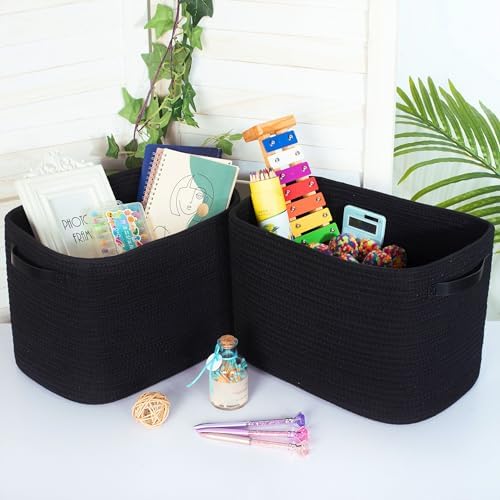 MINTWOOD Design 3-Pack Storage Baskets for Shelves, Decorative Baskets for Organizing, Woven Baskets for Storage, Book Basket Cube Bin Box, Pantry Closet, Shoe Organizer, Black / Black - Image 3