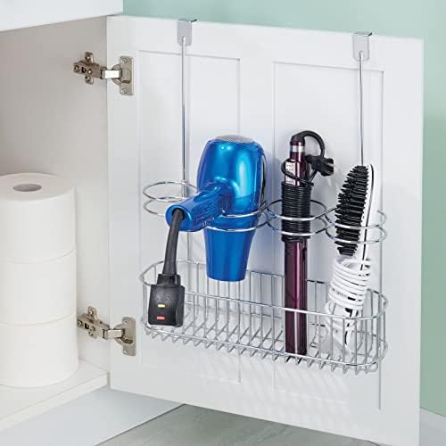 mDesign Metal Bathroom Storage Tool Organizer Accessory Basket Tray - Hang Over Cabinet Door - Storage for Hair Dryer, Straightener, Curling Iron & Hair Styling Products - Concerto Collection - Chrome - Image 6