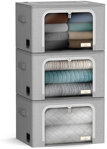 Sorbus Clothes Storage Bins with Metal Frame, Clear Window (3 Pack, Gray) by Sorbus
