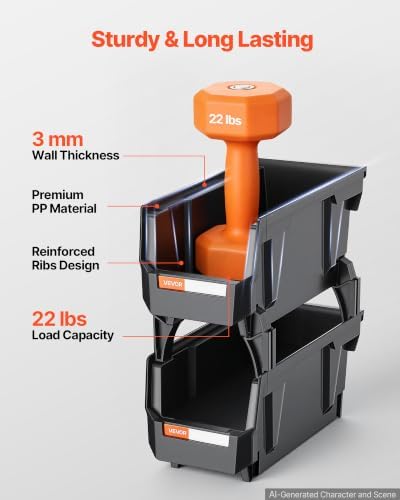 VEVOR Plastic Stackable Storage Bins, 10.9 x 5.5 x 5.1 inch (8 Pack), Plastic Containers for Organizing and Storage Bins for Closet, Garage, Small Parts, Office Supplies and Other Accessories, Black - Image 6
