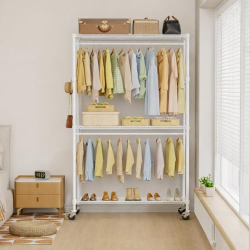 Simple Deluxe Rolling Clothes Rack, Heavy Duty Clothing Rack, 3-Shelf Portable Adjustable Wardrobe Closet with Wheels, Hanging Rods & Side Hooks, 43.3" W x 17.7" D x 80.3" H, White - Image 2