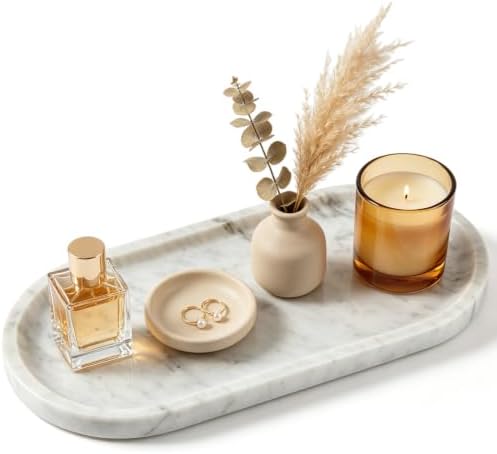 White Gray Oval Natural Marble Tray, 12"x6" Decorative Marble Bathroom Tray, Premium Marble Tray for Bathroom Counter Dresser Vanity Dish Holds Jewelry Perfume Keys Candles Trinkets by Unknown