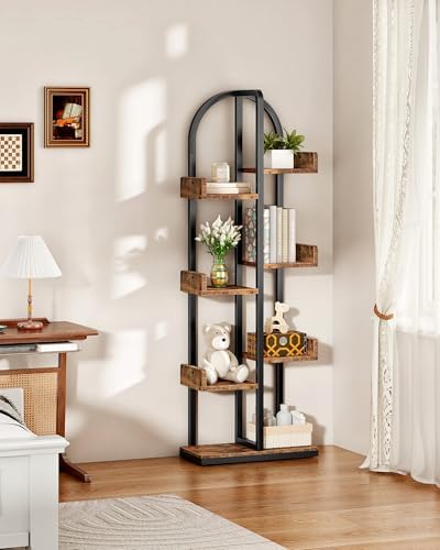 CHOEZON Corner Bookshelf, Curved 6-Tier Bookcase with Anti-Tip Kit, Adjustable Feet and Staggered Shelves for Living Room, Bedroom, Study, Office, Rustic Brown and Black TSJ06BF - Image 6
