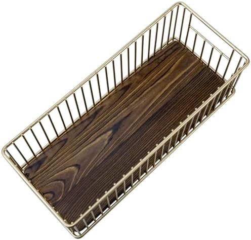 MyGift Brass Tone Metal Toilet Paper Holder with Rustic Wood Base Tray - Image 6