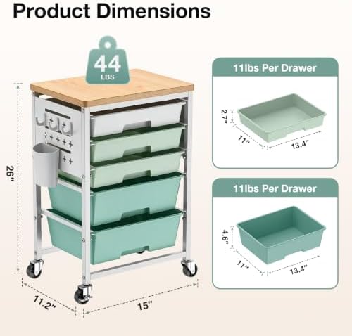 ALVOROG Rolling Storage Cart with 5 Drawers,Pegboards,Wooden Top,Bins,Green - Image 6