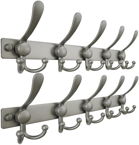 Dseap Coat Rack Wall Mount, Heavy Duty 12-Gauge Base vs Flimsy 1mm, Double-Thick Solid Anti-Snap Hooks, 16” Stud-Mount, Stainless Steel Hanger for Clothes Hat Entryway Closet, Grey, Pack of 2 by Dseap