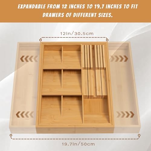 Becko US Bamboo Expandable Silverware Drawer Organizer With Knife Block - Image 2