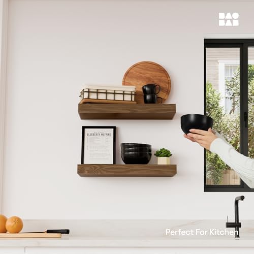 Solid Wood Floating Shelves for Wall 16 Inch Walnut, Wooden Bathroom Shelf - Image 2