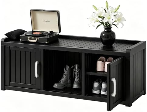 2-Tier Storage Bench, Waterproof UV-Resistant Outdoor Shoe Storage Cabinet with 2 Doors & Adjustable Shelves for Indoor Outdoor Entryway, Hallway, Living Room(Classic Black) by NBYSGO