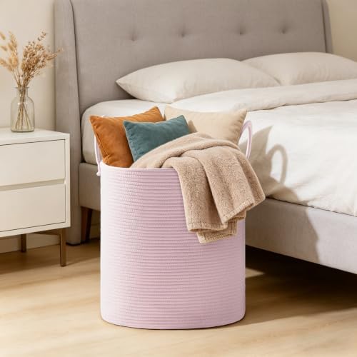 58L Tall Cotton Rope Laundry Basket with Handles, Pink - Image 5