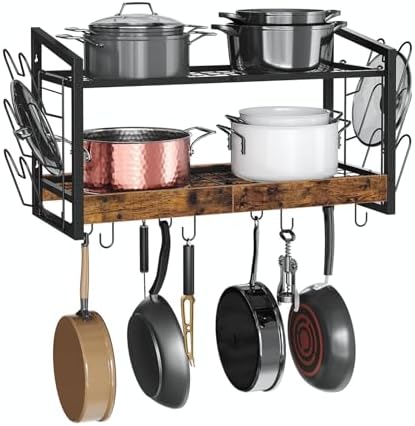 CHOEZON Hanging Pot Rack, Pot Rack Wall Mounted, 2-Tier Kitchen Pot and Lid Organizer, Wall-Mounted Pot Rack with 12 Hooks, for Kitchen Storage of Pots, Pans, Utensils, Rustic Brown TPR02BF by Choezon