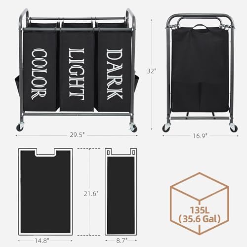 STORAGE MANIAC 3 Section Laundry Sorter Rolling Laundry Hamper, Label Black - Image 3