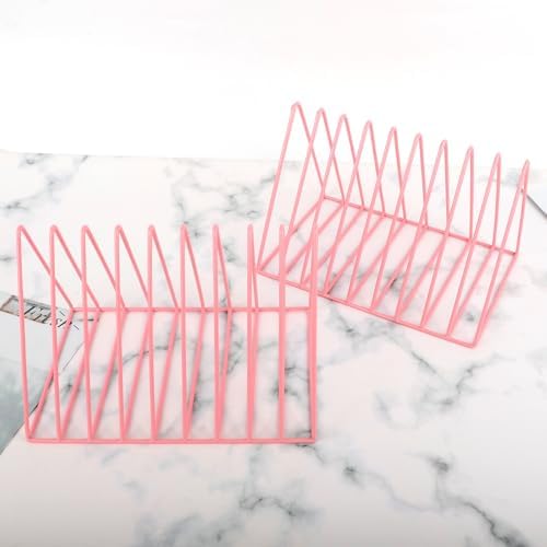EASEPRES Vinyl Record Holder Storage, 9 Slot Metal Magazine Book Album Display Rack, Stylish Triangle Desktop File Sorter Organizer for Home Office, Pink Pack of 2 - Image 3