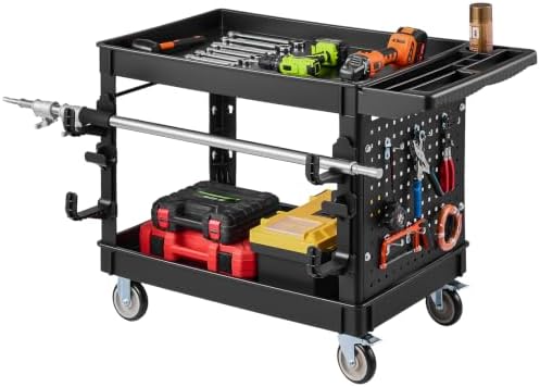 VEVOR Utility Cart with Tray & Pegboard, 44.8 x 24in 2 Tier Service Cart with 360° Swivel & Fixed Wheels (2 Brakes), 550 LBS Work Cart Tub Storage W/Deep Shelves, Tool Storage for Garage Warehouse by VEVOR