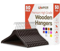 Brown Wooden Hangers 50 Pack – Heavy-Duty with 360° Swivel Hook, Non-Slip, Pants Bar & Shoulder Grooves - Wooden Hangers for Suits, Jackets, Dresses & Camisoles, Space-Saving and Smooth Finish by Campior