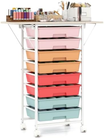 Giantex 8 Drawers Rolling Cart with Wheels, Folding Wood Top by Giantex