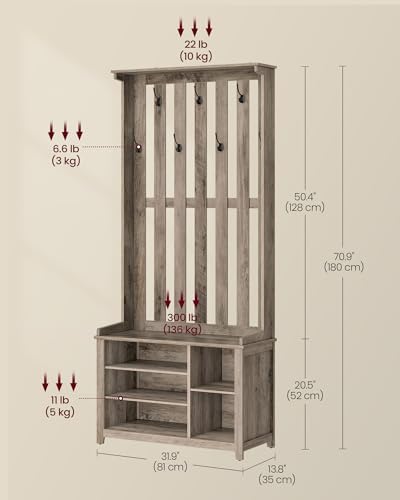 VASAGLE Hall Tree with Bench and Shoe Storage, 7 Double Hooks - Image 6