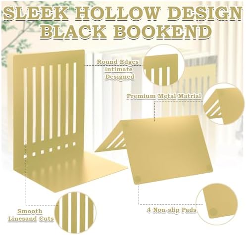4 Pcs 10 Inch Heavy Duty Bookends Non-Skid Base, Gold - Image 5