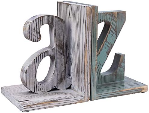 MyGift Wood Bookends, Book Ends for Shelves with Decorative White and Blue Alphabet A and Z Design, Book Stopper for Heavy Books, Home Office Desktop Decor, Vintage - Image 5