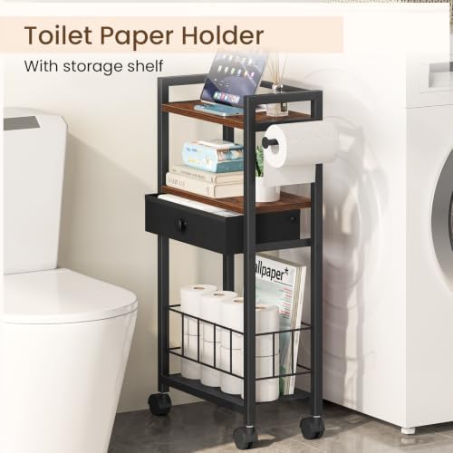 Snughome Freestanding Toilet Paper Holder with Storage Drawer, 4-Tier Rolling Toilet Paper Holder Stand with Wheels, Shelf & Basket, Bathroom Magazine Rack for Phone & Extra Rolls (Rustic Brown) - Image 3