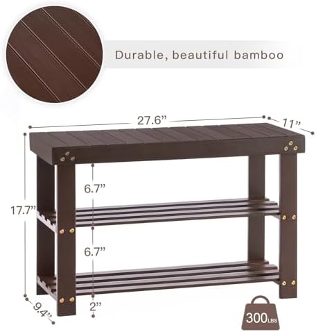 Apicizon Bamboo Shoe Rack Bench, 3-Tier Entryway Organizer, Brown - Image 3