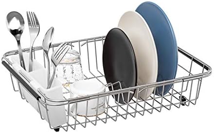 SANNO Dish Drying Rack, Expandable Dish Drainer Over Sink in Sink On Counter with Utensil Silverware Storage Holder, Rustproof Stainless Steel - Image 4