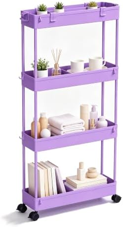 SPACELEAD Slim Storage Cart 3 Tier,Bathroom Organizer Rolling Utility,Mobile Shelving Unit Slide Out for Office, Kitchen, Laundry Room & Narrow Places,Purple by Home
