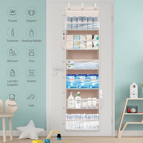 Over Door Organizer with 6 Extra Large Pockets 12 Side Pockets, Sturdy Closet Storage Rack, Hanging Storage Organizer with Clear Window for Shoes, Diaper, Bedroom, Bathroom, Beige, 6-Pack - Image 7