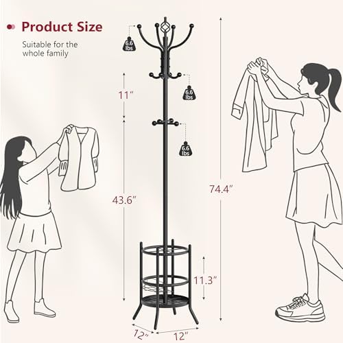 Tajsoon Coat Rack with Umbrella Holder, Coat Stand With 16 Hooks, Black - Image 2