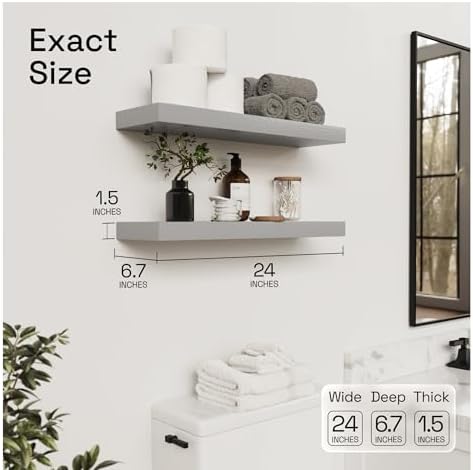 Solid Wood Floating Shelves for Wall 24 inch Grey, Wooden Bathroom Shelf - Image 3