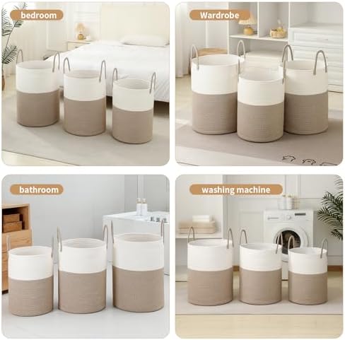 Laundry Basket Hamper Tall Rope Storage Woven for Blanket toys Dirty Clothes in Living Room Bathroom Bedroom (White&Brown, 80L/21.3Gal) - Image 4
