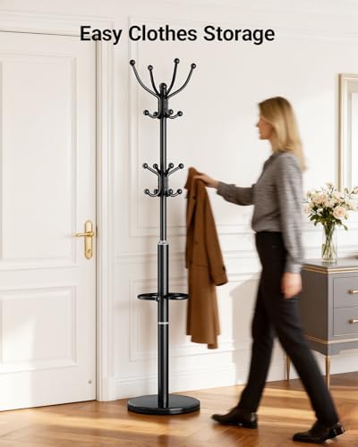 Pipishell Metal Heavy Duty Coat Rack with Sturdy Marble Base, Coat Tree with 16 Hooks & Detachable Umbrella Holder,Coat Rack Freestanding for Entryway, Corner, Bedroom and Home Office, Black - Image 4