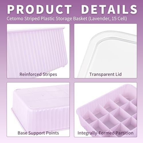 Cetomo 15 Cells Plastic Underwear Sock Drawer Organizer with Lid, Lidded Storage Box with Dividers for Bras and Socks, Basket for Closet, Stackable, Pink, 15 Compartments (31 x 24 x 8 cm) - Image 2