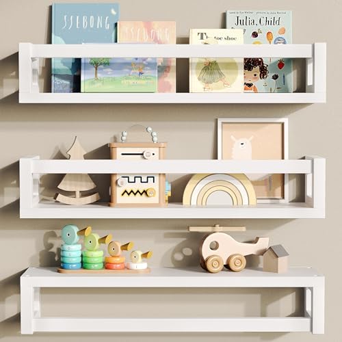 3 Pack Solid Wood Floating Shelves for Wall, Nursery Bookshelf, White by Makestorageclosetolife