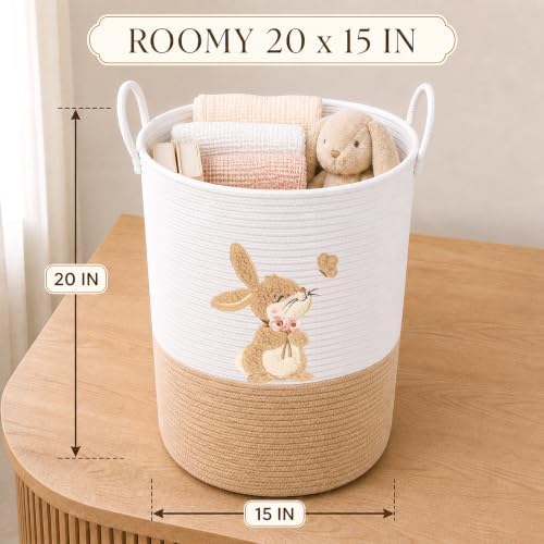 Bunny Baby Laundry Basket, Tall Woven Rope Nursery Hamper, 20x15 in - Image 2
